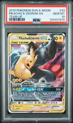 2019 POKEMON SUN & MOON TEAM UP #33 PIKACHU & ZEKROM GX PSA 10 - Image 1