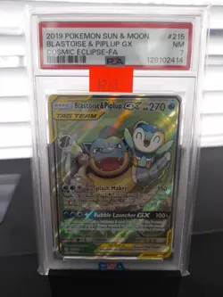 2019 Pokemon Sun & Moon Cosmic Eclipse Blastoise & Piplup GX 215/236 #215 PSA 7 - Image 1