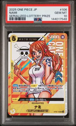 2025 ONE PIECE JPN PROMOS SERIALIZED LOTTERY PRIZE #106 NAMI 928/1200 PSA 10 - Image 1