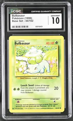 CGC 10 GEM MINT Bulbasaur 1999 Base Set 44/102 Pokemon Card - Image 1