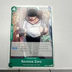 Roronoa Zoro EB02-019 R, GREEN 3 SWORD LOGO 33, one piece card, Midori Matsuda - Image 1