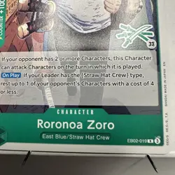 Roronoa Zoro EB02-019 R, GREEN 3 SWORD LOGO 33, one piece card, Midori Matsuda - Image 4