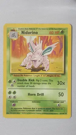 Nidorino 37/102 Pokemon Card TCG Base Set Unlimited Non Holo MP - Image 1