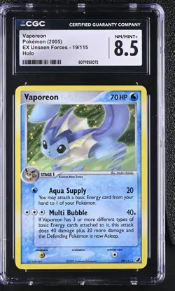 CGC 8.5 Vaporeon 2005 EX Unseen Forces 19/115 Holo Pokemon Card - Image 1
