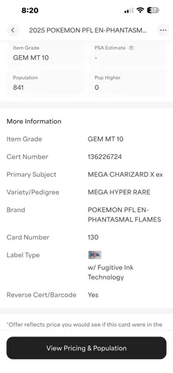 Mega Charizard X ex Gold Hyper Rare 130/094 PSA 10 Pokemon Phantasmal Flames - Image 5
