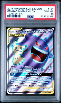 2019 POKEMON SUN & MOON TEAM UP #164 FULL ART/GENGAR & MIMIKYU GX PSA 10 - Image 1
