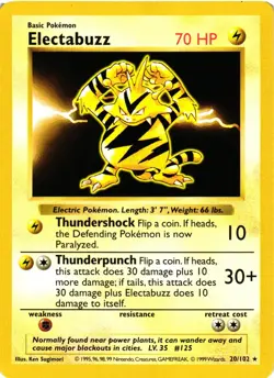 Pokemon TCG Electabuzz Rare Base Set Shadowless 20/102 VLP - Image 1