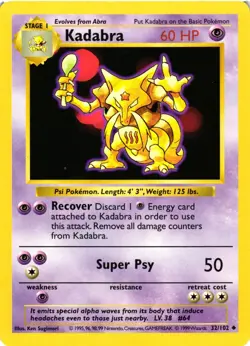 Pokemon TCG Kadabra 32/102 Uncommon Shadowless Base Set LP - Image 1