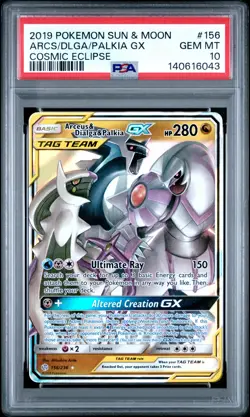 2019 POKEMON SUN & MOON COSMIC ECLIPSE #156 ARCEUS & DIALGA & PALKIA GX PSA 10 - Image 1