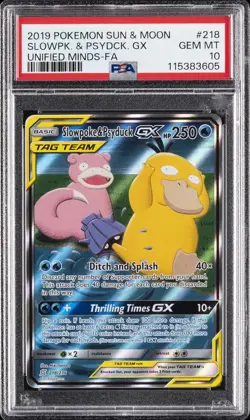 2019 POKEMON SUN & MOON UNIFIED MINDS #218 FULL ART/SLOWPOKE & PSYDUCK GX PSA 10 - Image 1