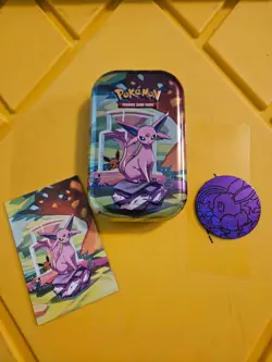 Espeon Prismatic Evolutions Mini Tin, Art card, and Coin Only - Image 1