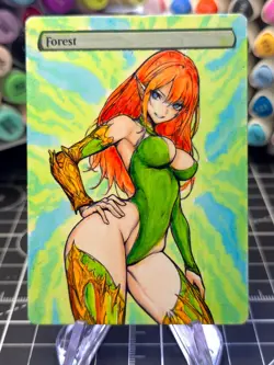 FOREST - Green - MTG *Altered Hand Colored Original Art Anime - Red Head - Image 1