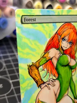 FOREST - Green - MTG *Altered Hand Colored Original Art Anime - Red Head - Image 4