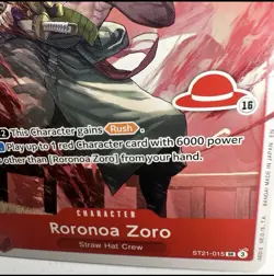 One piece card, Roronoa Zoro ST21-015 SR, RED STRAW HAT Logo 16, Yosuke Adachi - Image 5