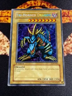 YUGIOH • TRI HORNED DRAGON • SECRET RARE • LOB-000 • 1st EDITION • GLOSSY • NM - Image 2