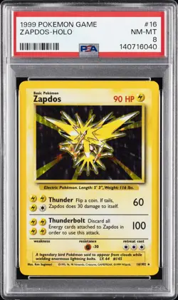 1999 POKEMON BASE SET UNLIMITED #16 ZAPDOS-HOLO PSA 8 - Image 1