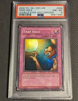 YUGIOH 2002 TRAP HOLE LEGEND OF BLUE EYES WHITE DRAGON LOB-058 PSA 8 NM-MT - Image 1