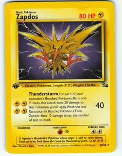 Zapdos - 1st Edition - 30/62 Fossil Set - Pokemon TCG - 1999 - Image 1