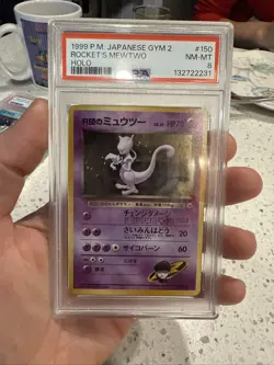 Pokemon 1999 Japanese Gym 2 ROCKET'S MEWTWO Holo Swirl #150 PSA 8 RARE - Image 1