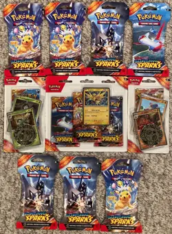 7 Pokemon TCG Scarlet & Violet Surging Sparks Booster Packs + Blister Packs Lot - Image 1