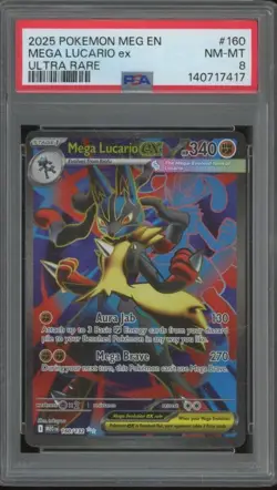 2025 Pokemon Mega Evolutions MEGA LUCARIO EX #160 Ultra Rare Holo PSA 8 JA608 - Image 1