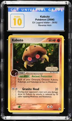 Pokemon 2006 Kabuto EX Legend Maker Reverse Holo 36/92 CGC Pristine 10 (not psa) - Image 1
