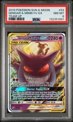 2019 POKEMON SUN & MOON TEAM UP #53 GENGAR & MIMIKYU GX PSA 8 - Image 1