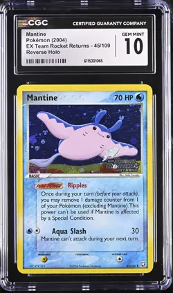 CGC 10 Mantine EX Team Rocket Returns 45/109 Reverse Holo Stamped Pokemon Card - Image 1
