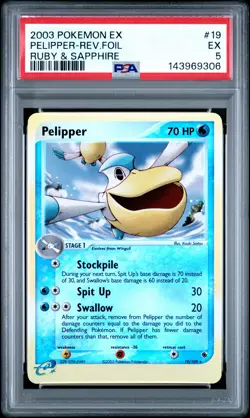 2003 POKEMON EX RUBY & SAPPHIRE #19 PELIPPER-REVERSE FOIL PSA 5 - Image 1