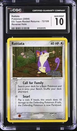 CGC 10 Rattata EX Team Rocket Returns 72/109 Reverse Holo Stamped Pokemon Card - Image 1