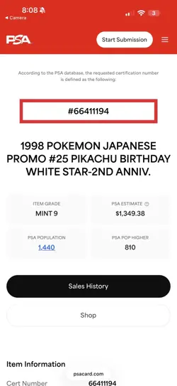 1998 POKEMON JPN PROMO WHITE STAR-2ND ANNIV. #25 PIKACHU BIRTHDAY PSA 9 - Image 3