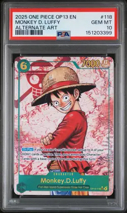 2025 ONE PIECE OP13-CARRYING ON HIS WILL ALTERNATE ART MONKEY D. LUFFY PSA 10 - Image 1