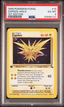 1999 POKEMON FOSSIL 1ST EDITION #15 ZAPDOS-HOLO PSA 6 - Image 1