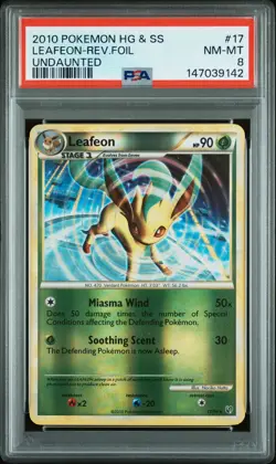 2010 POKEMON HEARTGOLD & SOULSILVER UNDAUNTED #17 LEAFEON-REVERSE FOIL PSA 8 - Image 1