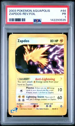 2003 POKEMON AQUAPOLIS #44 ZAPDOS-REVERSE FOIL PSA 1 - Image 1
