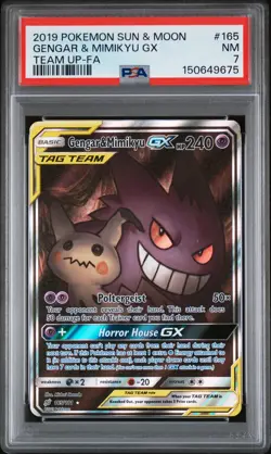 2019 POKEMON SUN & MOON TEAM UP #165 FULL ART/GENGAR & MIMIKYU GX PSA 7 - Image 1