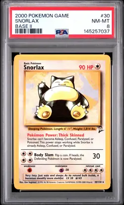 2000 POKEMON BASE SET 2 #30 SNORLAX PSA 8 - Image 1