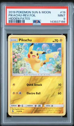 2019 POKEMON SUN & MOON HIDDEN FATES #19 PIKACHU-REVERSE FOIL PSA 9 - Image 1