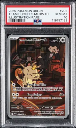 2025 POKEMON DRI EN-DESTINED RIVALS #203 TEAM ROCKET'S MEOWTH PSA 10 - Image 1