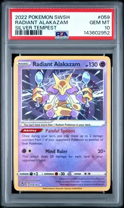 2022 POKEMON SWORD & SHIELD SILVER TEMPEST #059 RADIANT ALAKAZAM PSA 10 - Image 1