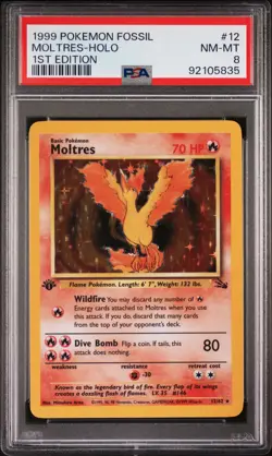 1999 POKEMON FOSSIL 1ST ED #12 MOLTRES-HOLO PSA 8 - Image 1