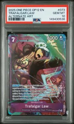 2025 ONE PIECE OP12-LEGACY OF THE MASTER ALTERNATE ART #073 TRAFALGAR LAW PSA 10 - Image 1