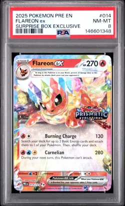 2025 POKEMON PRE EN-PRISMATIC EVOLUTIONS SURPRISE BOX EXCLUSIVE FLAREON EX PSA 8 - Image 1