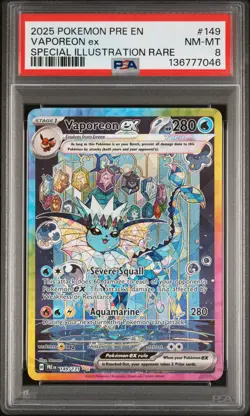 2025 POKEMON PRISMATIC EVOLUTIONS SPECIAL ILLUSTRATION RARE VAPOREON EX PSA 8 - Image 1