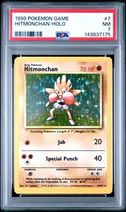 1999 POKEMON BASE SET UNLIMITED #7 HITMONCHAN-HOLO PSA 7 - Image 1
