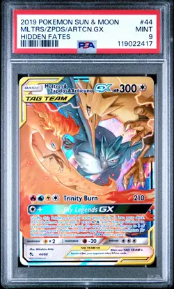 2019 POKEMON SUN & MOON HIDDEN FATES #44 MOLTRES & ZAPDOS & ARTICUNO GX PSA 9 - Image 1