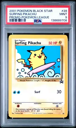 2001 POKEMON PROMO BLACK STAR POKEMON LEAGUE #28 SURFING PIKACHU PSA 9 - Image 1