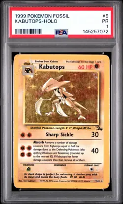 1999 POKEMON FOSSIL #9 KABUTOPS-HOLO PSA 1 - Image 1