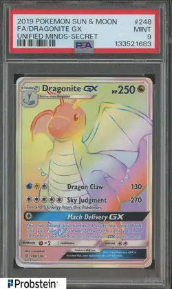 2019 Pokemon Sun & Moon Unified Minds Secret #248 FA/ Dragonite Gx PSA 9 MINT - Image 1