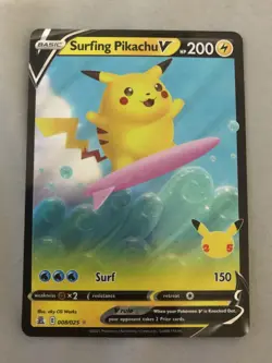 Surfing Pikachu V - 008/025 - Pokemon Celebrations Sword & Shield Rare Card NM - Image 1